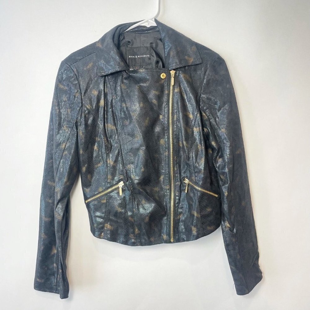 Rock & Republic Womens Faux‎ Leather Full Zip Moto Jacket Black L Lined Pockets